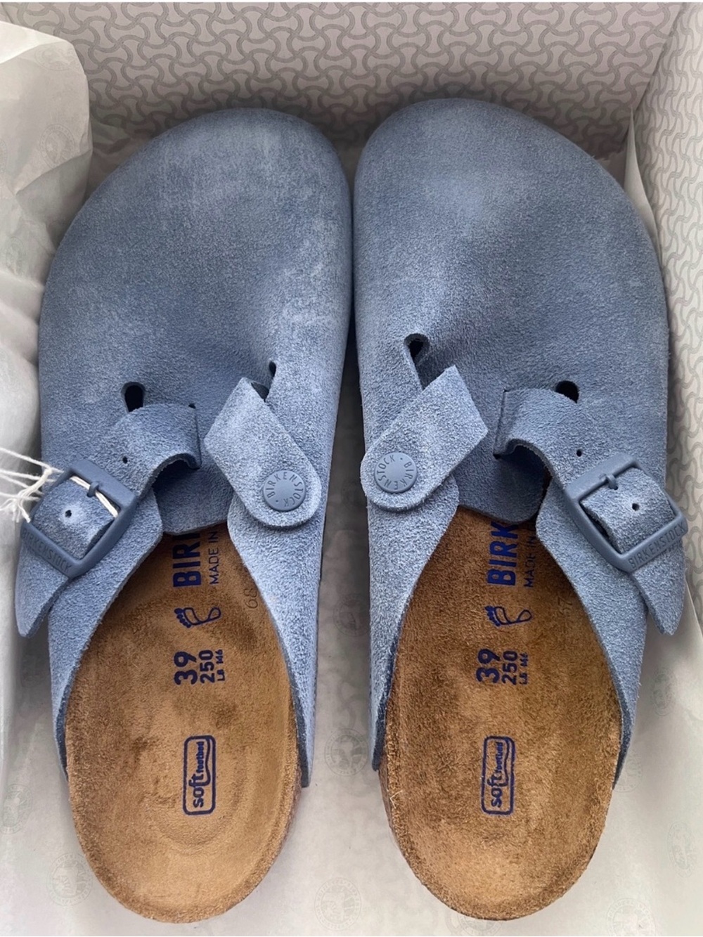 Brand New in Box. Birkenstock Elemental Blue Suede Clog-Style Sandals 39
